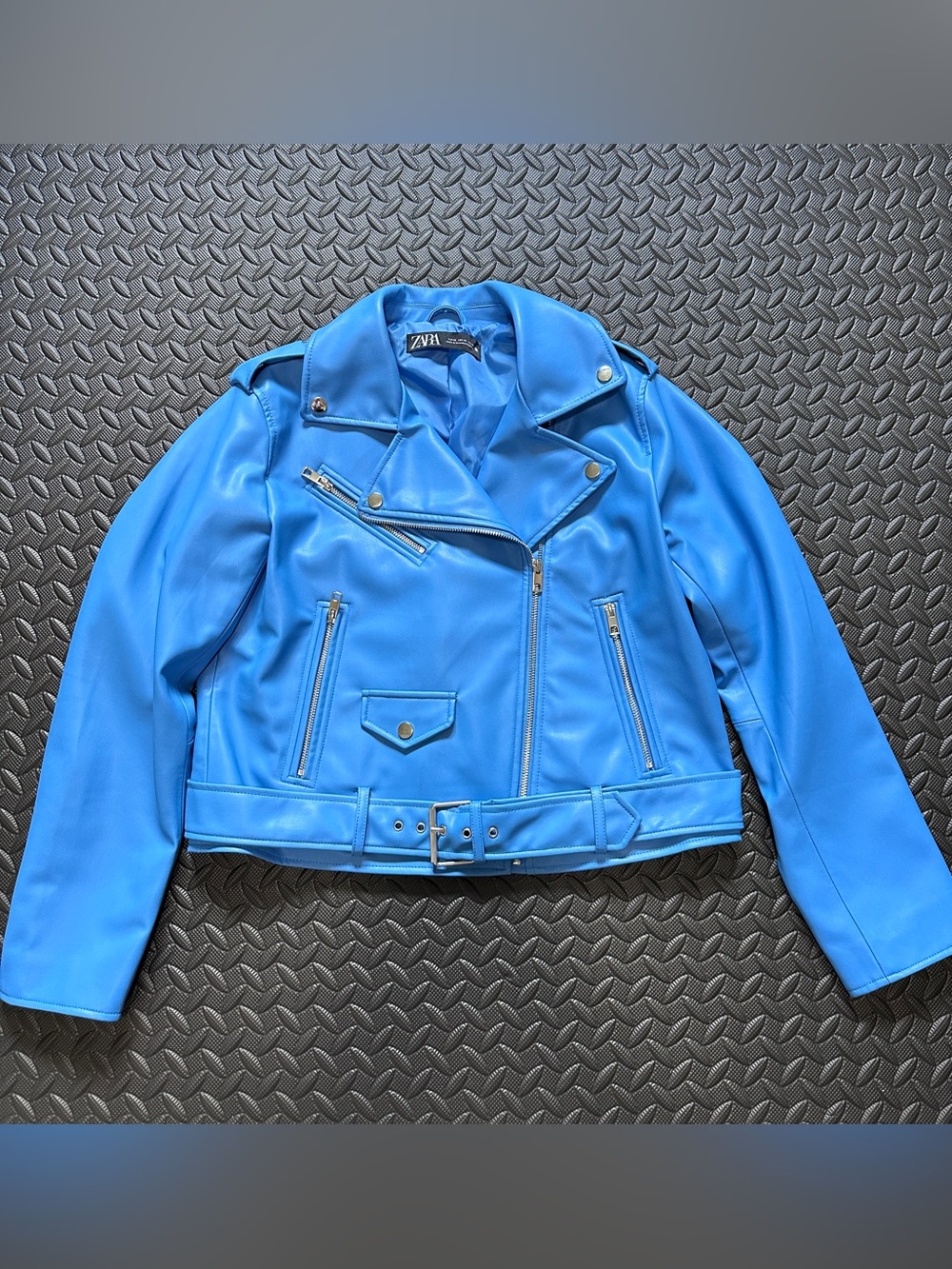 Zara Blue Faux Leather Moto Jacket